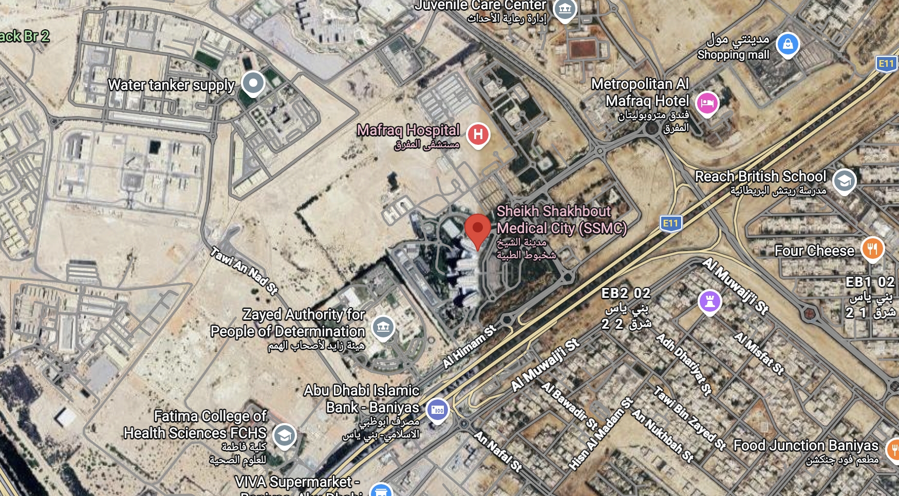 Map showing Sheikh Shakhbout Medical City location