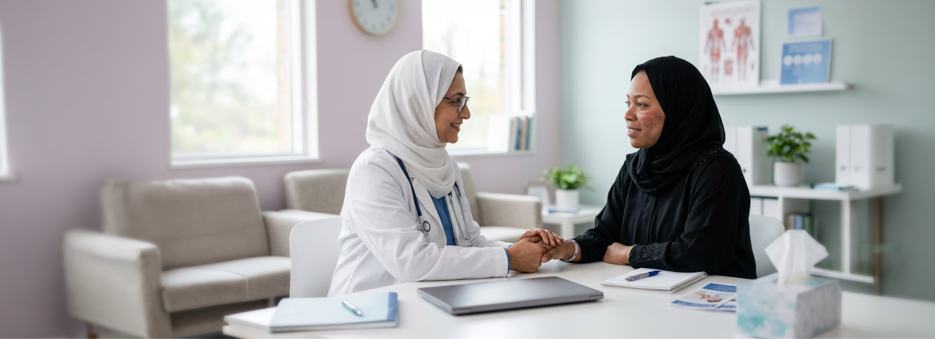 Doctor comforting a lupus patient in a clinic