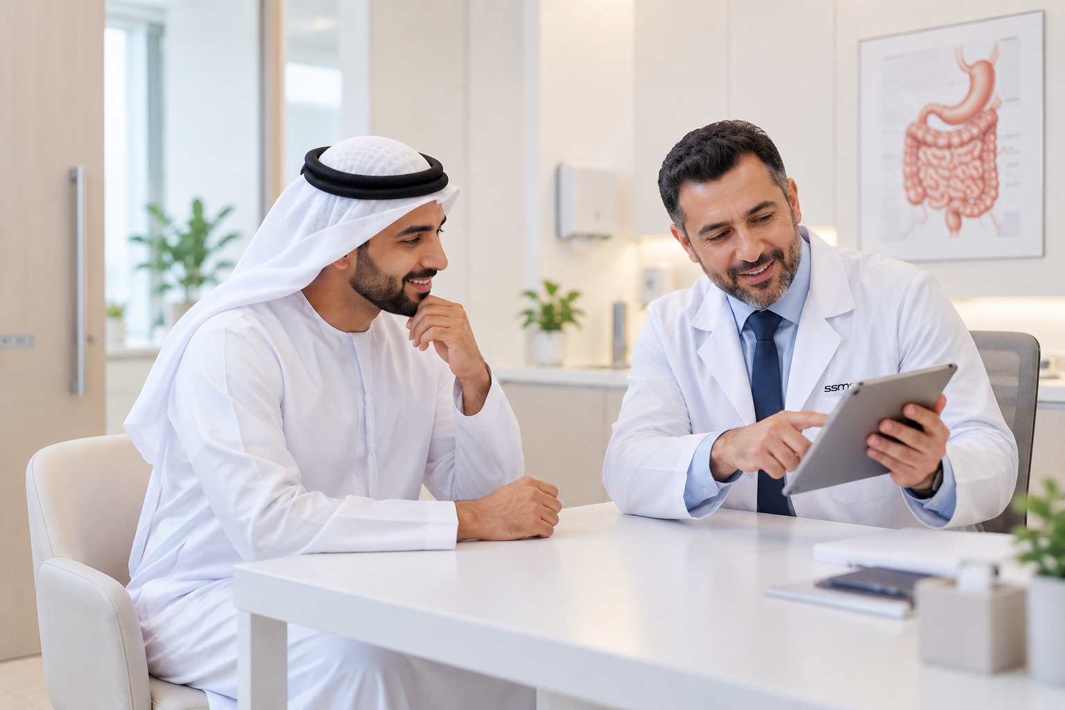 Doctor reviewing information on a tablet with a patient during a clinic consultation